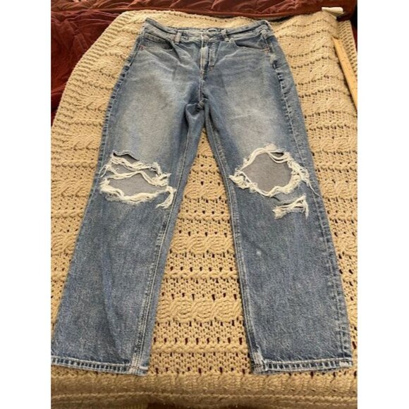 American Eagle Denim - American Eagle Straight Mom Jean Distressed Light Wash Pants Women's Size 10S